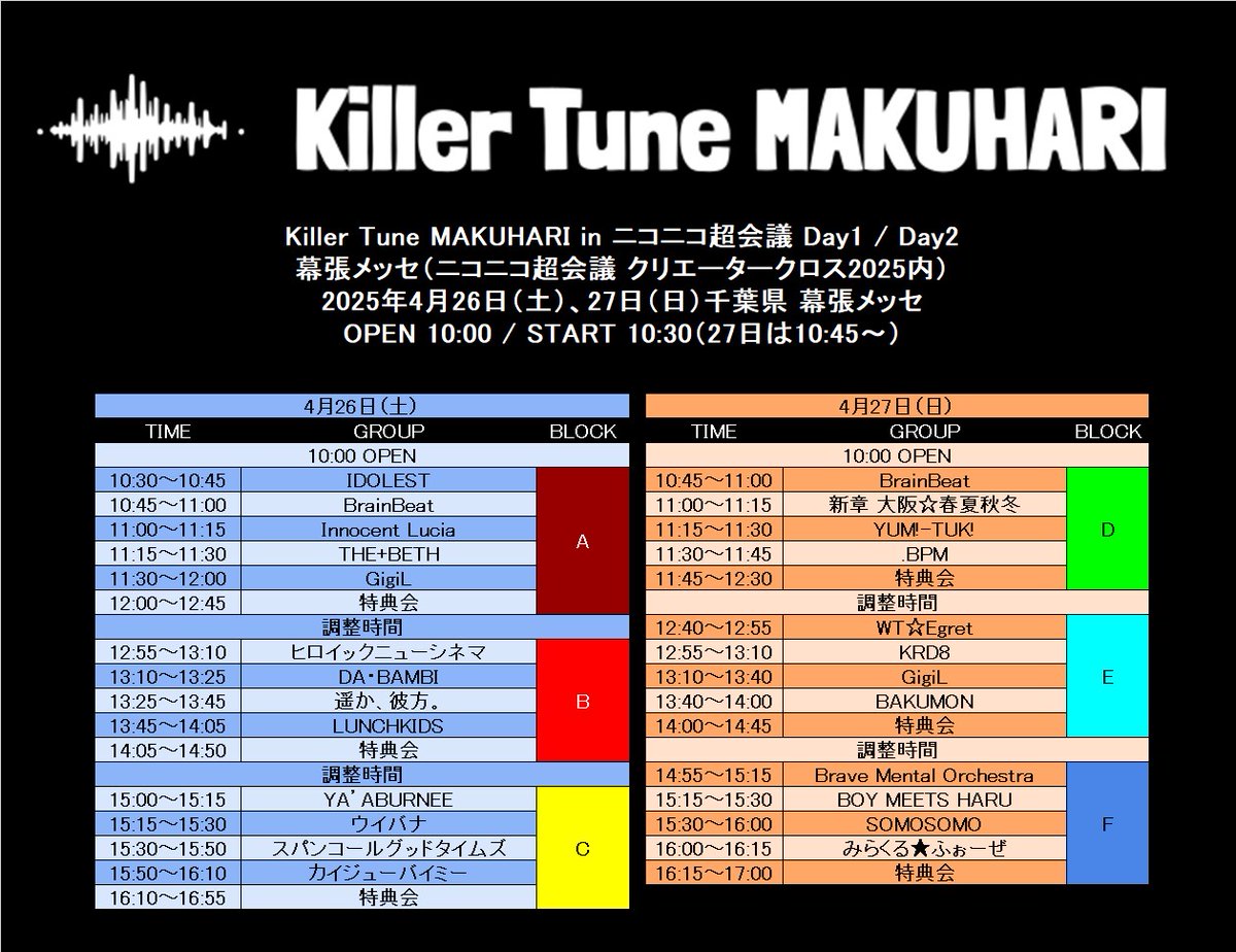 kaiju_by_me's tweet photo. 【タイムテーブル決定】
「Killer Tune MAKUHARI in ニコニコ超会議 Day1」
4/26(土) @ 幕張メッセ(ニコニコ超会議 クリエータークロス2025内)
観覧無料❗️

15:50-16:10 LIVE
16:10-16:55 特典会

🎫別途ニコニコ超会議の入場料がかかります
詳細↓
https://t.co/pVqWk5pdQ7 https://t.co/UkJgzEhzY1