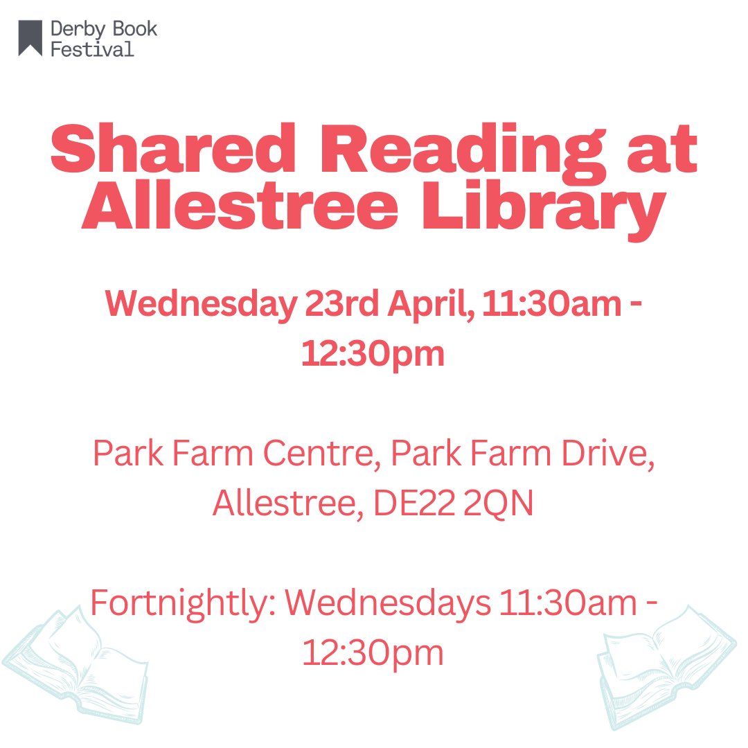 DerbyBookFest's tweet photo. This week we have #SharedReading sessions at Allestree Library and @artcoregallery. No need to book, just pop along and see us. We'd love to see you there!

#DerbyBookFestival #derbylibraries #Bookstagram #Bookstagrammer #Community #poetrycommunity #spokenword #readingaloud https://t.co/d7Bz1S39J4