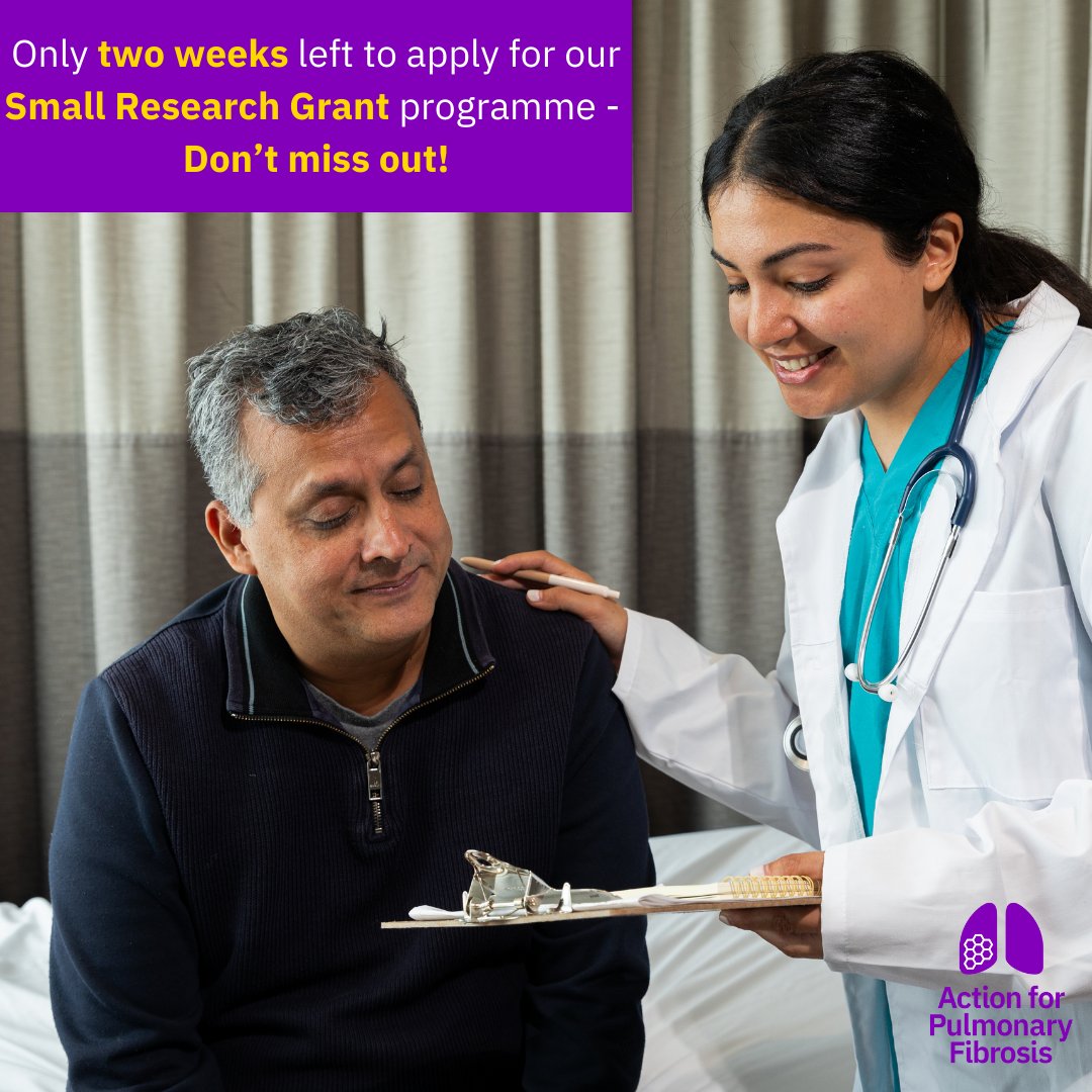 ⏰Just two weeks left to apply for our Small Research Grant programme, which supports UK-based researchers in building evidence to improve care and treatment for people living with pulmonary fibrosis.

Find out more and apply here:
actionpf.org/research-info/…