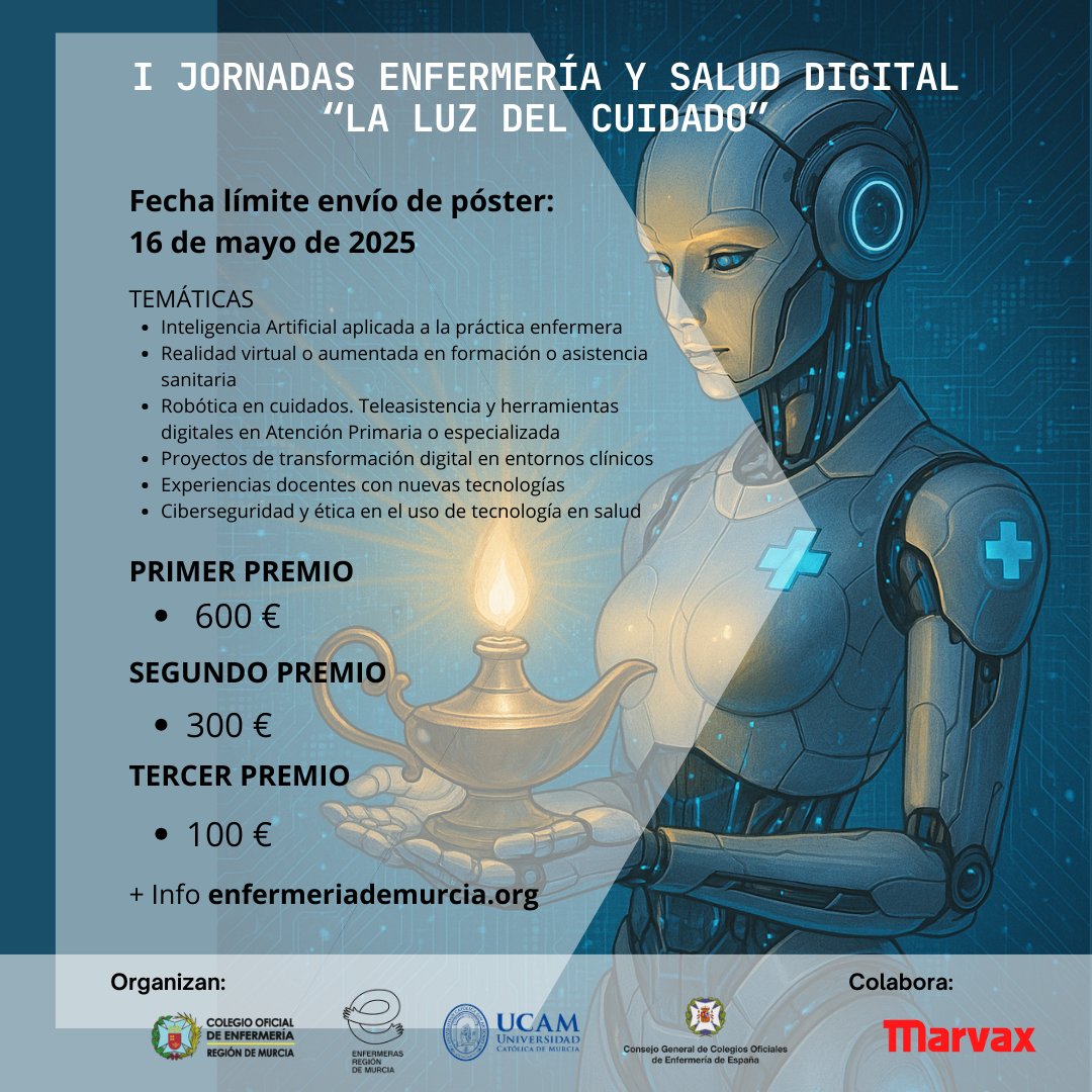 Enfermeras Región de Murcia (@coemur) on Twitter photo Anímate y presenta tu póster en nuestra 'I Jornada Enfermería y Salud Digital. La Luz del Cuidado'. 1er premio: 600 € // 2º premio: 300 € // 3er premio: 100 €. Toda la información y bases en nuestra página web.
enfermeriademurcia.org/jornada-congre… <a href="/UCAM/">UCAM Universidad</a> <a href="/UCAM_Enfermeria/">Facultad de Enfermería UCAM</a> <a href="/horacio_ps/">Horacio Pérez Sánchez</a> Anímate y presenta tu póster en nuestra 'I Jornada Enfermería y Salud Digital. La Luz del Cuidado'. 1er premio: 600 € // 2º premio: 300 € // 3er premio: 100 €. Toda la información y bases en nuestra página web.
enfermeriademurcia.org/jornada-congre… <a href="/UCAM/">UCAM Universidad</a> <a href="/UCAM_Enfermeria/">Facultad de Enfermería UCAM</a> <a href="/horacio_ps/">Horacio Pérez Sánchez</a>