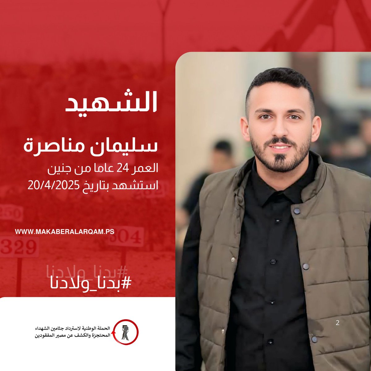 الشهيد ناصر ردايدة (49 عاماً) والذي ارتقى داخل سجون الاحتلال، وسليمان فواز مناصرة (24 عاماً) الذي ارتقى برصاص الاحتلال قرب جنين، واحتُجز جثماناهما

باحتجاز جثماني ردايدة ومناصرة، ارتفع عدد الشهداء المحتجزة جثامينهم والموثّقين في مقابر الأرقام والثلاجات إلى 692 شهيداً