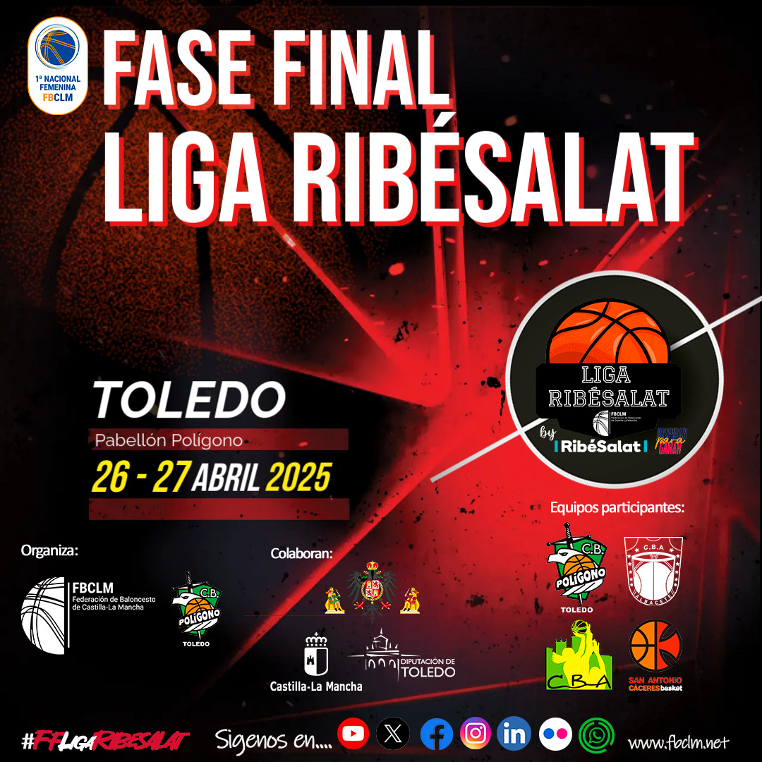 #LigaRibéSalat | CARTEL OFICIAL de la Fase Final a 4 que se disputará el 26 y 27 de abril en Toledo
🏀 <a href="/CBPoligono/">Club Baloncesto Polígono</a> <a href="/cb_alqazeres/">C.B.AL-QAZERES</a> <a href="/SanAntonioCc/">San Antonio Cáceres Basket</a> <a href="/CBAlbacete/">CLUB BALONCESTO ALBACETE</a> 
#PasionXBasketCLM