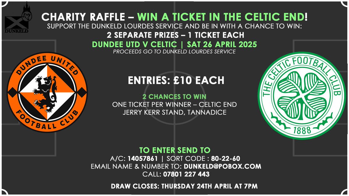 Please could you share to win a chance of seeing Celtic at Tannadice next Saturday.  All monies raised going to a good cause.  Thanks.