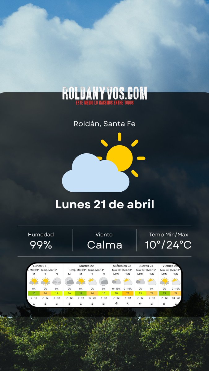 ✅️ Pronóstico del tiempo en #Roldán para el lunes 21 de abril: jornada con nubes y sol, humedad alta y temperaturas entre 10°C y 24°C. Mirá cómo sigue el clima durante la semana. roldanyvos.com #pronóstico