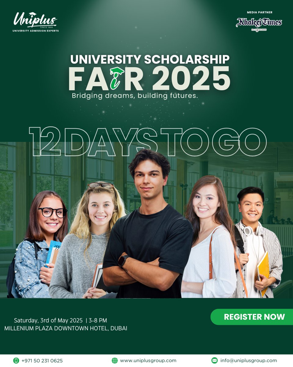uniplus1999's tweet photo. Only 12 Days to Go!

The countdown is on for the University Scholarship Fair 2025 — your gateway to studying in top destinations like Australia, USA, UK, Canada, UAE, New Zealand, and Europe! 

Register now: https://t.co/7CMI4HuSvz

#UniplusFair2025 #StudyAbroad https://t.co/D7zih31CrZ