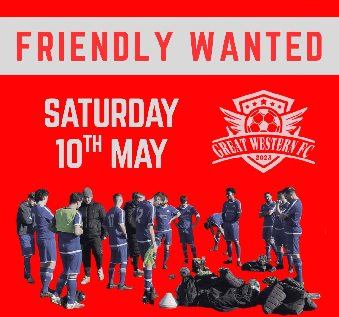 Does anyone fancy a friendly on Saturday May 10th? 

It will be against Great Western FC (Purton Devs from 24/25 season) 

Also booking other dates throughout the summer.

If you fancy it, send us a DM or message 07586 269384