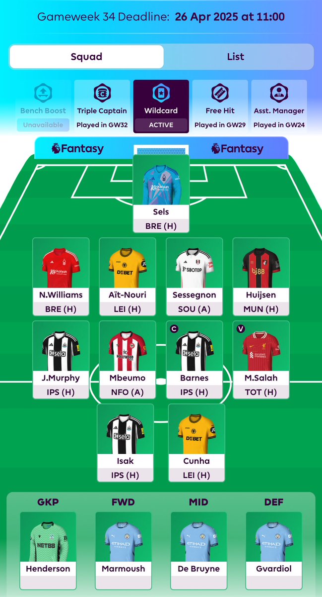 PurpleTipster's tweet photo. Sorting out my FPL team for the run in. Am top of multiple cash leagues and currently somewhere around 12K OR

I have just triggered my wildcard and this is my first draft.

Plan to bench boost in GW36. No other chips left

Any thoughts?

#FPL #FantasyPremierLeague https://t.co/uy2Uluzaby