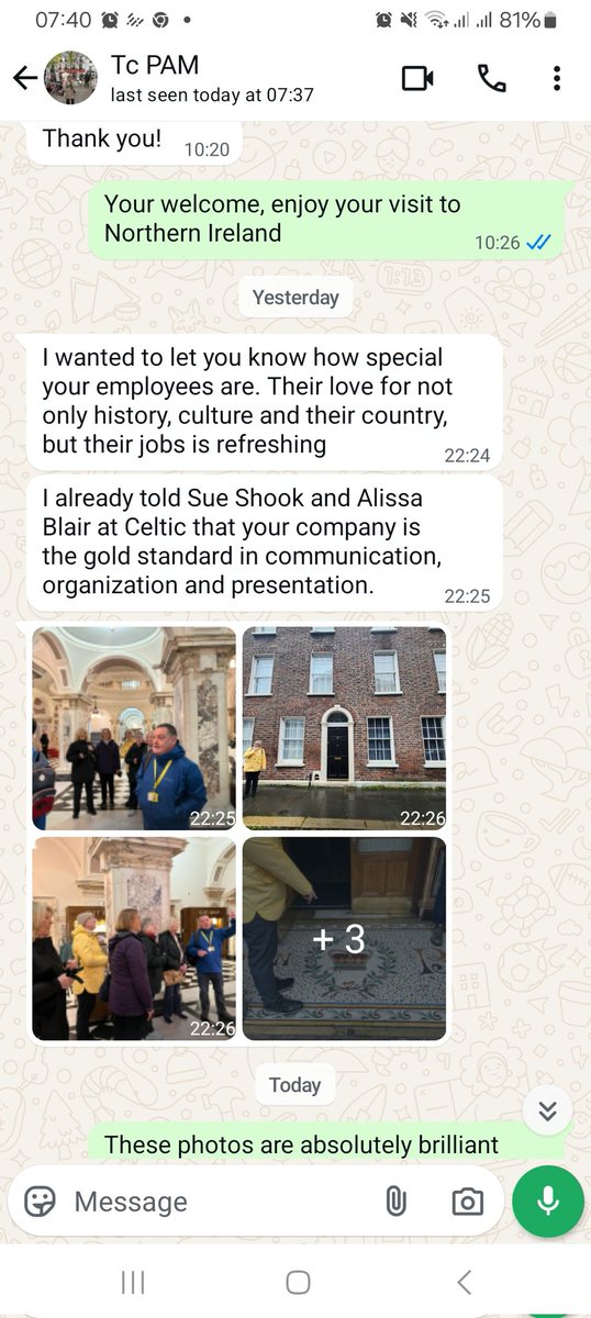 I started a small tour company a few years ago offering guided tours of Belfast and beyond. Below is a review I was absolutely delighted with. My 2 guides instead of retreating away from last week's rain excelled and ammended the route into a Crown Bar Discussion out of the rain