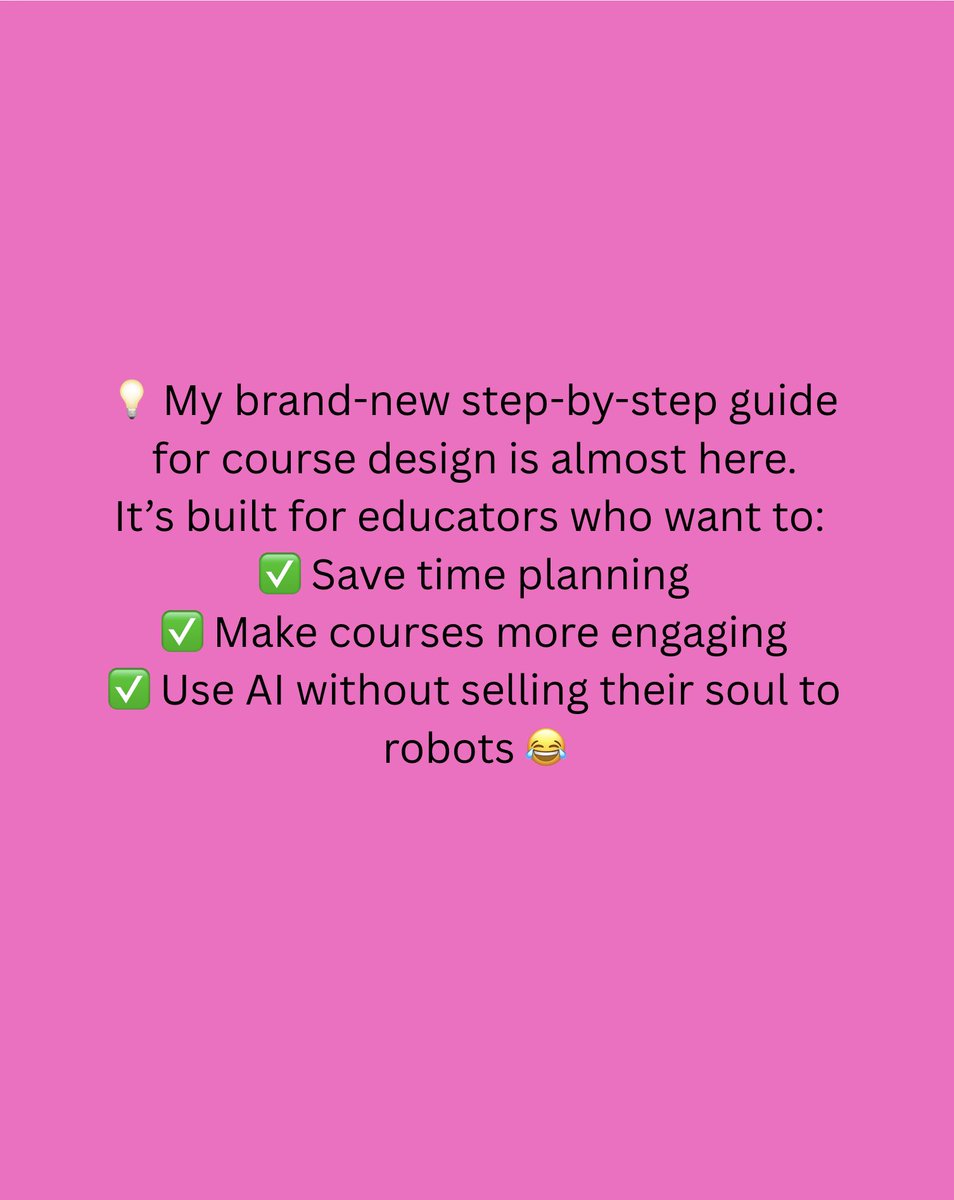LearnwithBailey's tweet photo. POV: You’re an educator with a full plate and no time to reimagine your course from scratch.

💡 My brand-new step-by-step guide for course design is almost here to help!

Launches tomorrow — stay tuned!
#AIforEducators #CourseDesign #TeacherTimeSaver #EdTechTools #ComingSoon https://t.co/6t03ni3pYW