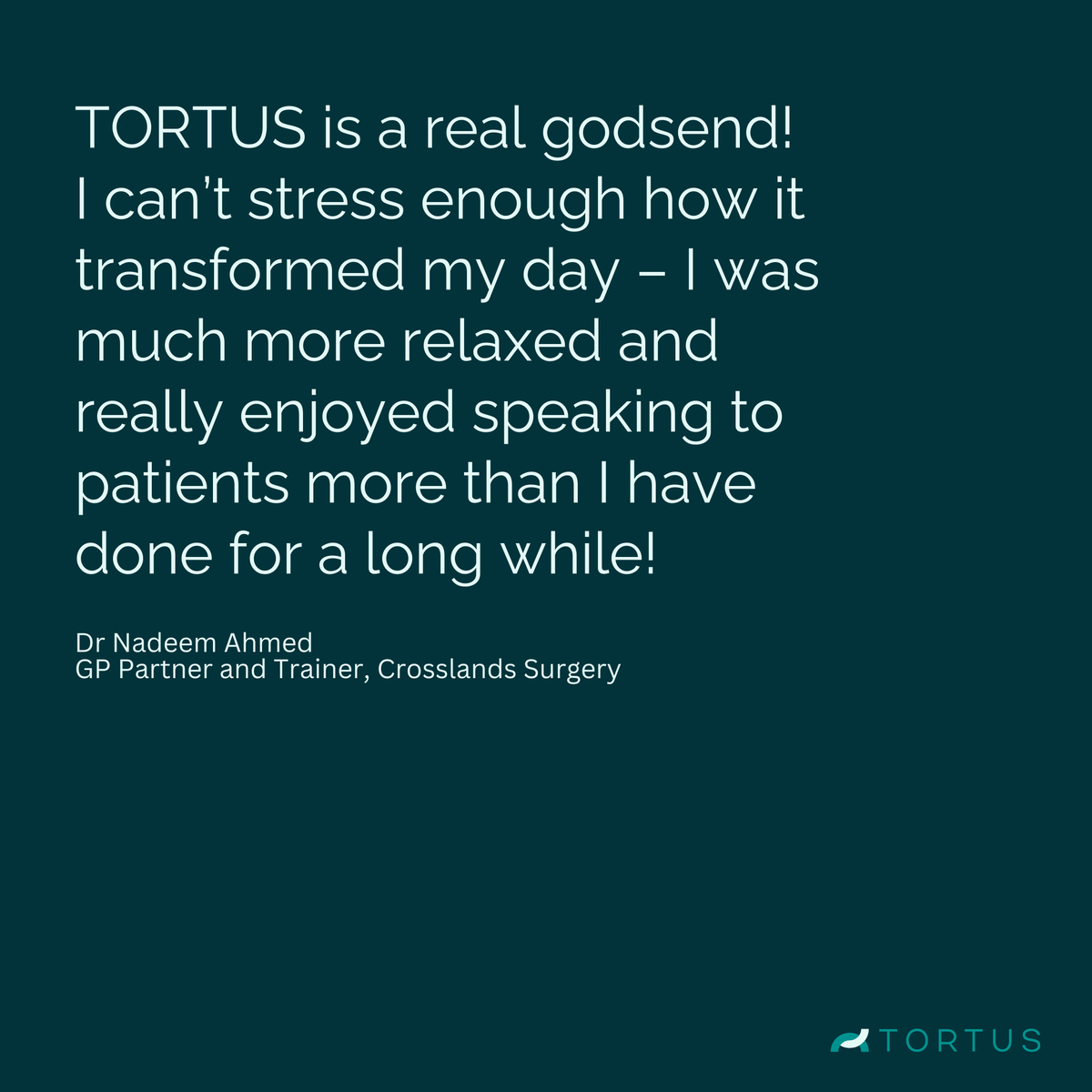 Dr. Nadeem Ahmed, GP Partner &amp; Trainer at Crosslands Surgery, shares how TORTUS transformed his day—reducing stress and allowing him to focus more on patient care. 🌟 #HealthcareAI #ClinicianWellbeing #PatientCare