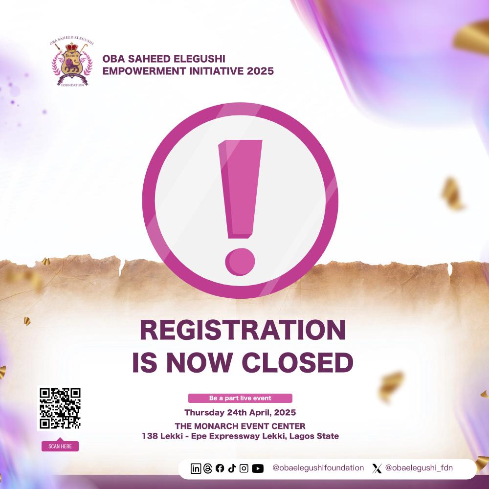 ObaElegushi_fdn's tweet photo. Submissions have now closed! Thank you to everyone and stay tuned for updates.
You can still register to attend the event by scanning the QR code or visit https://t.co/YKlrqX7fX9
#OSEFoundation #OSAEEI2025 #HRMSAEEI2025
#ElegushiEmpowers #ElegushiCares https://t.co/ElBOxAJIgX