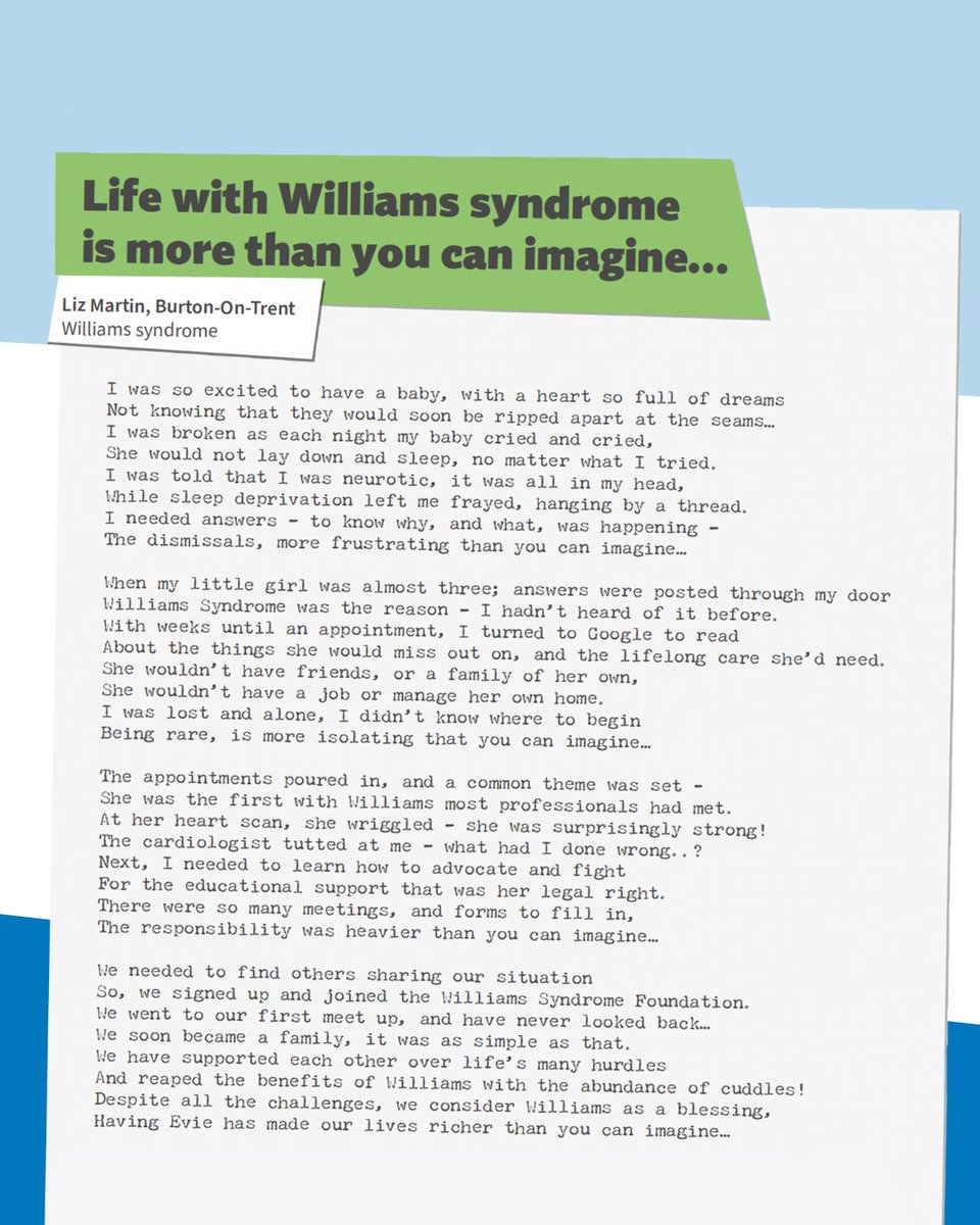Genetic Alliance UK (@geneticall_uk) on Twitter photo Life with Williams Syndrome is more than you can imagine...
By Liz Martin – Williams syndrome
If you'd like to learn more about Williams syndrome or access support you can find more information with, <a href="/WSF_UK/">Williams Syndrome UK</a>. Life with Williams Syndrome is more than you can imagine...
By Liz Martin – Williams syndrome
If you'd like to learn more about Williams syndrome or access support you can find more information with, <a href="/WSF_UK/">Williams Syndrome UK</a>.