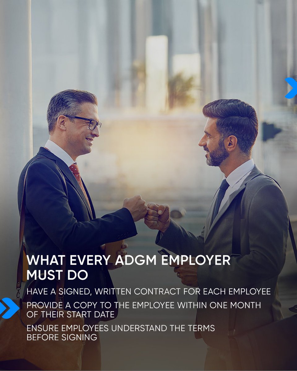 ADGlobalMarket's tweet photo. In ADGM, a written and signed employment contract is a legal requirement from day one. 

It ensures clarity, trust, and mutual understanding between employers and employees. 

This approach supports a transparent, fair, and globally respected business environment, protecting both parties. 

ADGM has also addressed key topics like remote work, flexible arrangements, and employee entitlements to align with the evolving work landscape.

Visit https://t.co/OGpFTvUmQj to stay up to date with ADGM Employment Regulations.