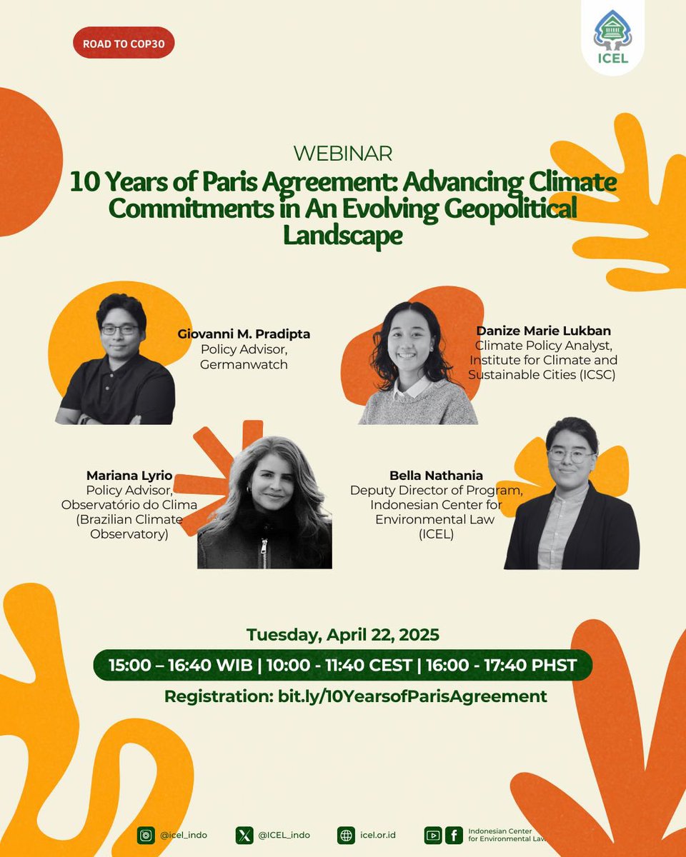 ICEL_indo's tweet photo. [Webinar Road To COP30]

A decade ago, the world came together to sign the Paris Agreement, a landmark commitment to combat climate change. 2025 marks the 10th anniversary of the Paris Agreement.

Are we doing enough to limit global warming to 1.5°C? https://t.co/oJNUsWrVys