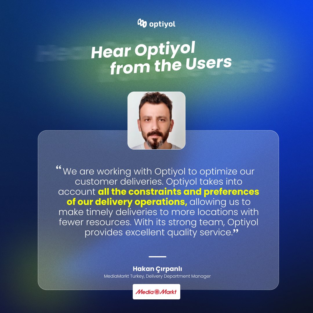 Optiyol (@optiyol) on Twitter photo “All the constraints and preferences of delivery operations — handled with precision.” 🚚
Hakan Çırpanlı from <a href="/mediamarkt_tr/">MediaMarkt Türkiye</a> shares how Optiyol enables timely and resource-efficient deliveries. “All the constraints and preferences of delivery operations — handled with precision.” 🚚
Hakan Çırpanlı from <a href="/mediamarkt_tr/">MediaMarkt Türkiye</a> shares how Optiyol enables timely and resource-efficient deliveries.