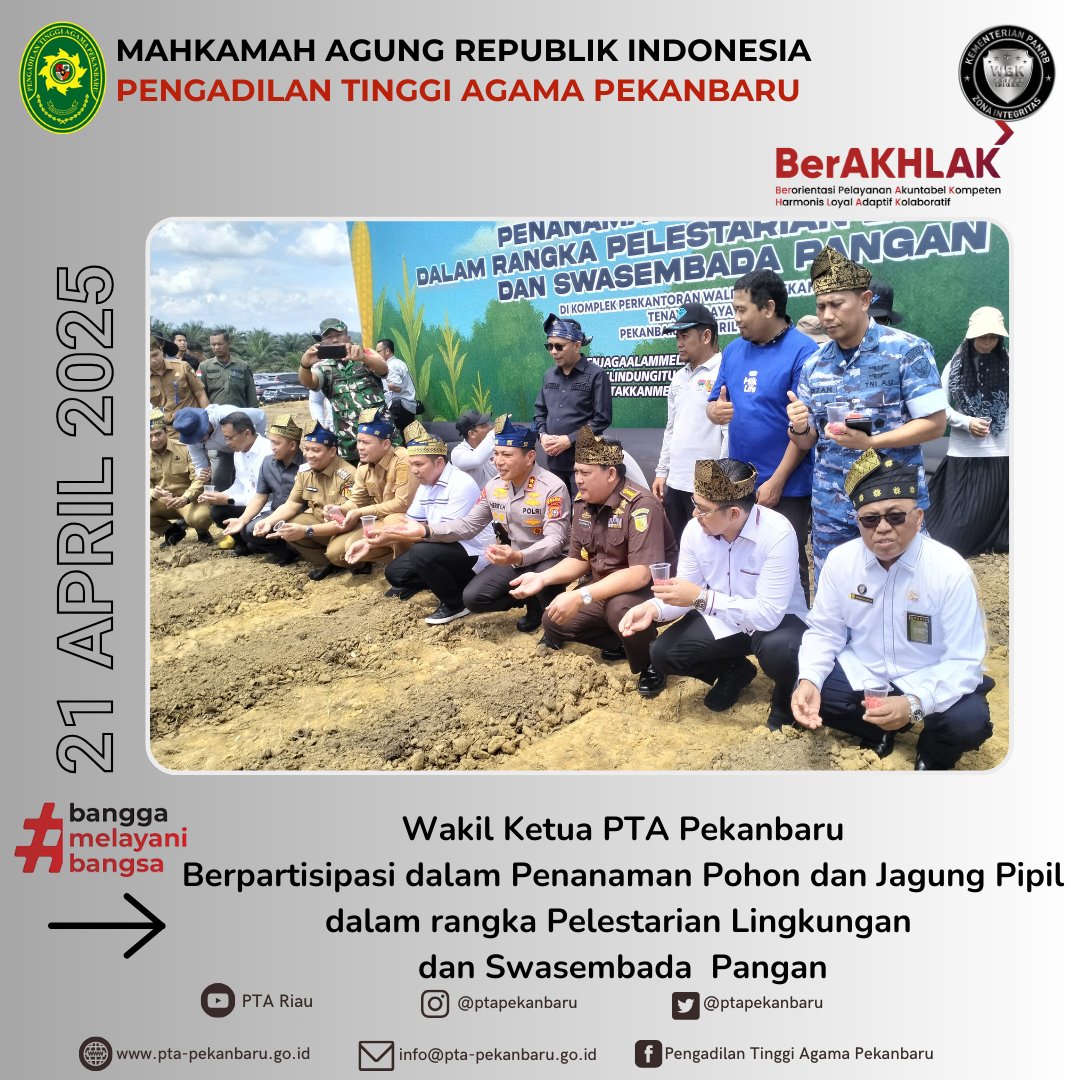 Pekanbaru, 21 April 2025

Wakil Ketua PTA Pekanbaru Dr. H. Darmansyah Hasibuan, M.H. menghadiri acara "Penanaman Pohon dan Jagung Pipil dalam rangka Pelestarian Lingkungan dan Swasembada  Pangan" yang diselenggarakan oleh Pemerintah Provinsi Riau.