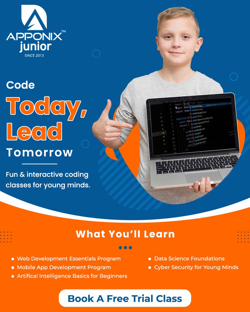 apponixjunior's tweet image. 👨‍💻 Code Today, Lead Tomorrow
Fun &amp;amp; interactive coding classes for kids 🚀
🔹 Web Dev | App Dev
🔹 AI | Data Science | Cyber Security

🎁 Book a FREE trial class now
#ApponixJunior #KidsCoding #STEMEducation #FutureCoders #FreeTrial