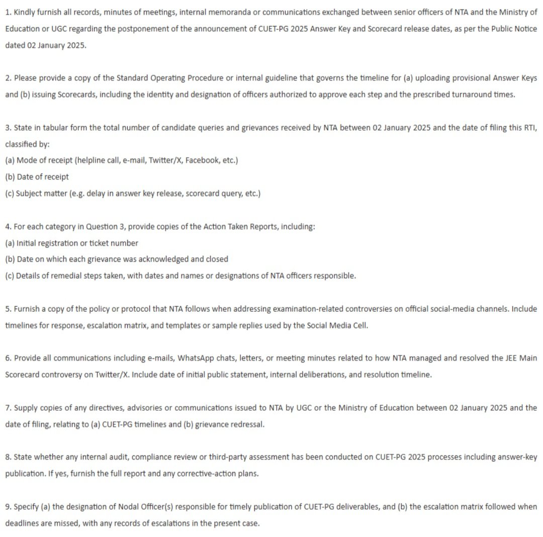 ChopraDivit's tweet photo. Filed an RTI for accountability from NTA about the CUET PG Answer key delay. They put up a 
notification on 2nd Jan which included that answer key dates will be released soon, which was never updated. Students complained, but NTA provided no clarity, despite updating for JEE. https://t.co/uJrehcUVPh
