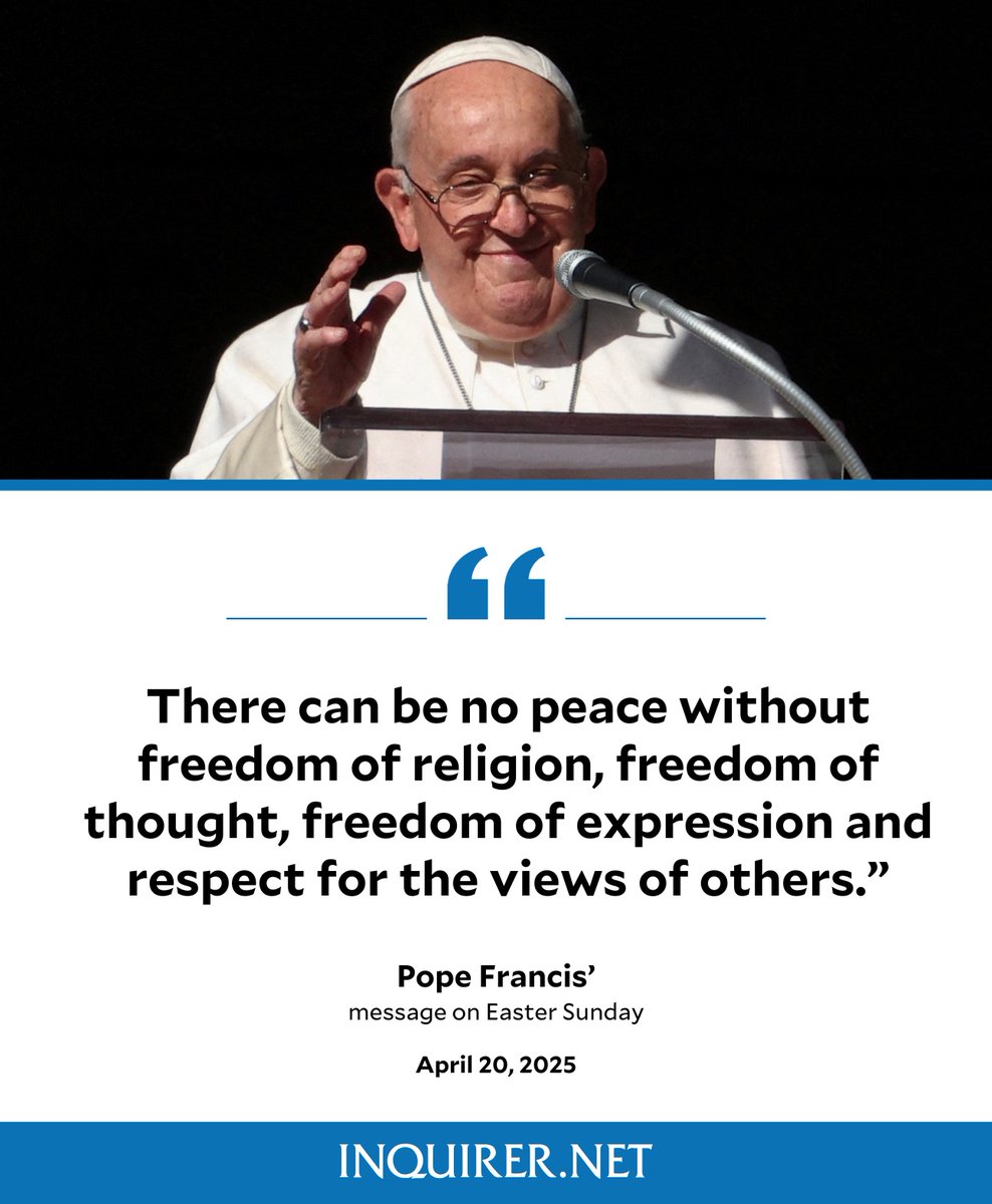 inquirerdotnet's tweet photo. In his last Easter Sunday message, Pope Francis challenges the faithful to reflect on the power of freedom and respect in building a peaceful world for all.

• Follow our live updates here: https://t.co/WSTKvTrdAS https://t.co/bs2uRM7lU0