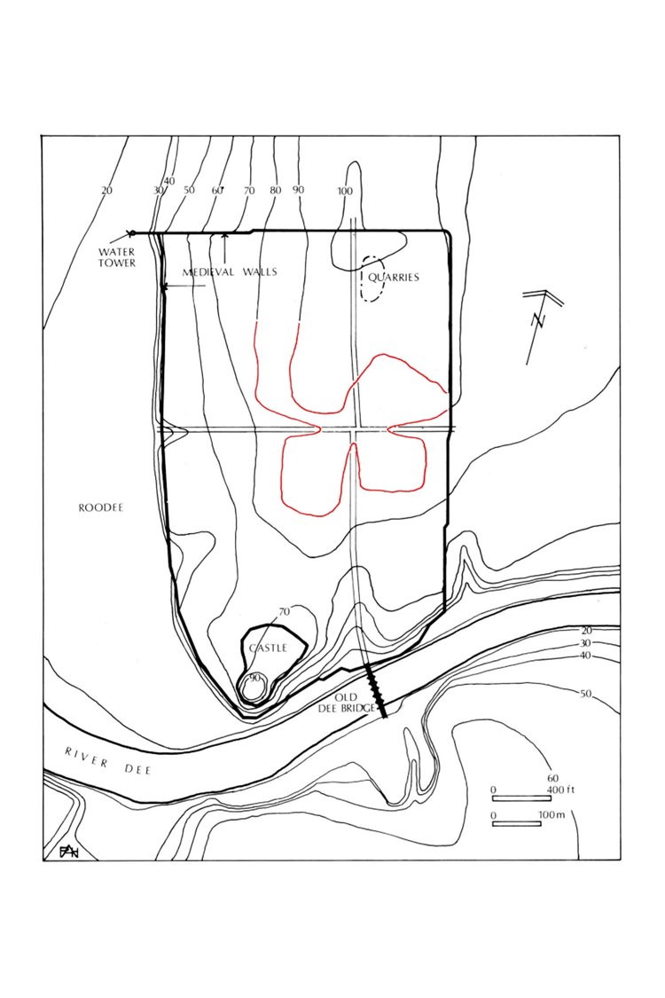 See this map by David Mason showing the 'clover leaf' pattern of high ground  behind the four main streets (contours in red).