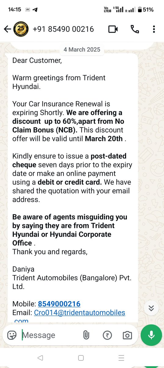 MB_Amardeep's tweet photo. @HyundaiIndia @sameersamdani @trident_hyundai
Quotation was shared by Trident hyundai for renewing my policy on 17.03.2025 and we made the payment on the same day. But till date policy was not issued. When will policy be issued?? https://t.co/BSsU79tOqW