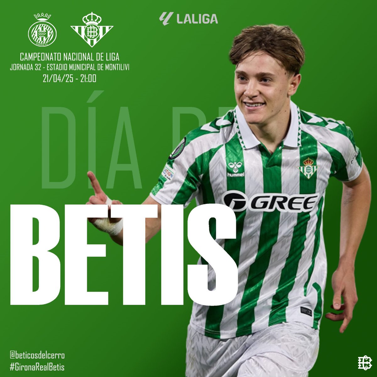 ¡Día de 𝘽𝙀𝙏𝙄𝙎!
#GironaRealBetis #RealBetis #Betis #BeticosdelCerro
🔴 Girona - Real Betis 🟢
🏟 Estadio Municipal de Montilivi
🏆 LaLiga EA Sports
🕘 21:00
📺 DAZN