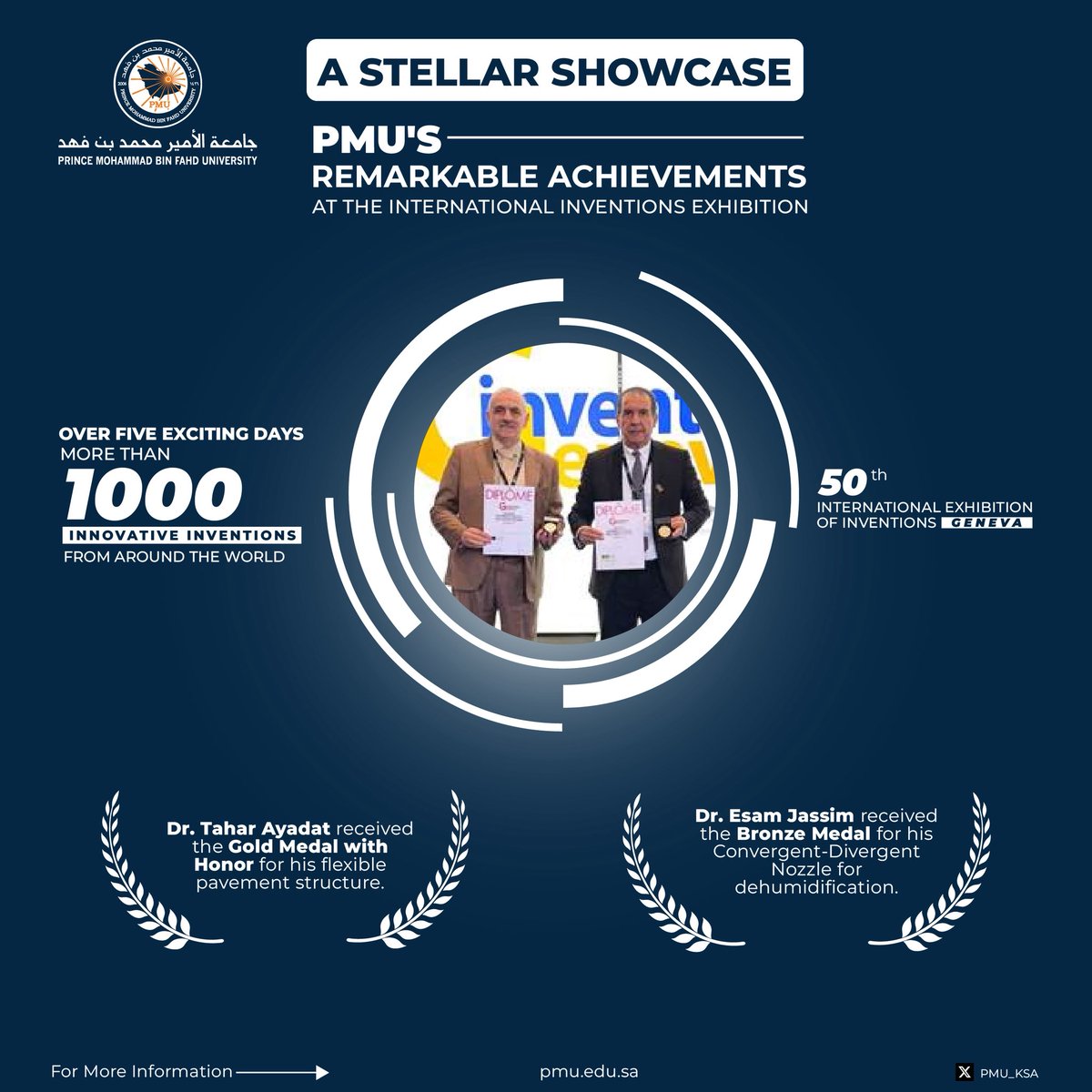 A stellar showcase of innovation! 
Dr. Tahar’s Gold Medal &amp; Dr. Esam’s Bronze Medal at the <a href="/Inventions_GVA/">International Exhibition of Inventions Geneva</a> highlights <a href="/PMU_KSA/">PMU</a> commitment to excellence. 
Congratulations to our remarkable colleagues! #PMU #InnovationExcellence