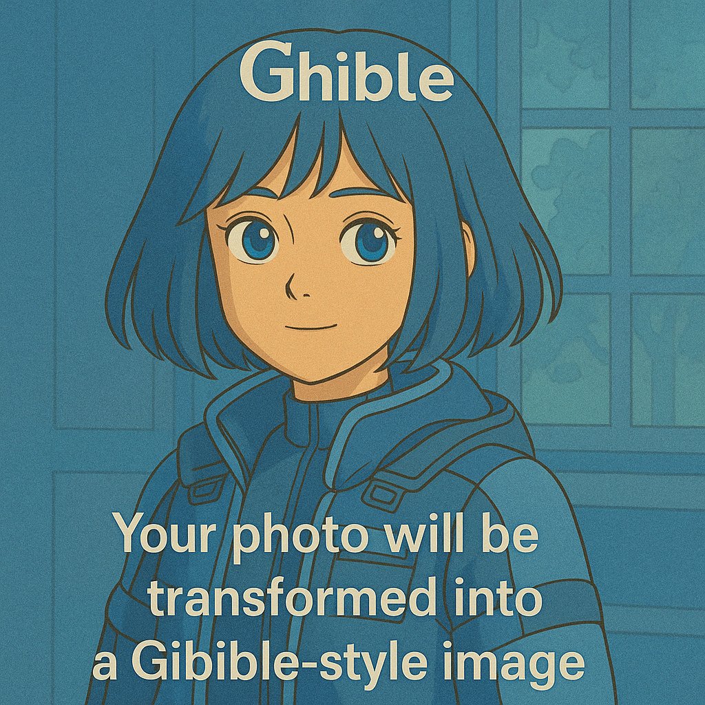 Choose a selfie

Post it on X (Twitter)

Tag <a href="/GhibleAI/">Ghible AI</a> and use #MyGhibleSelfie

We’ll reply with your anime version — uniquely yours, powered by AI.