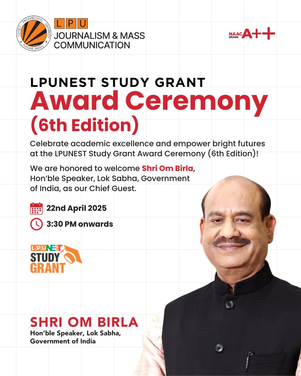 LPUJournalism's tweet image. Join us for the LPUNEST Study Grant Award Ceremony (6th Edition) as we honor academic excellence and uplift deserving minds across the nation!
#LPUNEST #StudyGrant #AcademicExcellence #FutureLeaders #LPUEvents #OmBirla #LPUIndia #EducationMatters