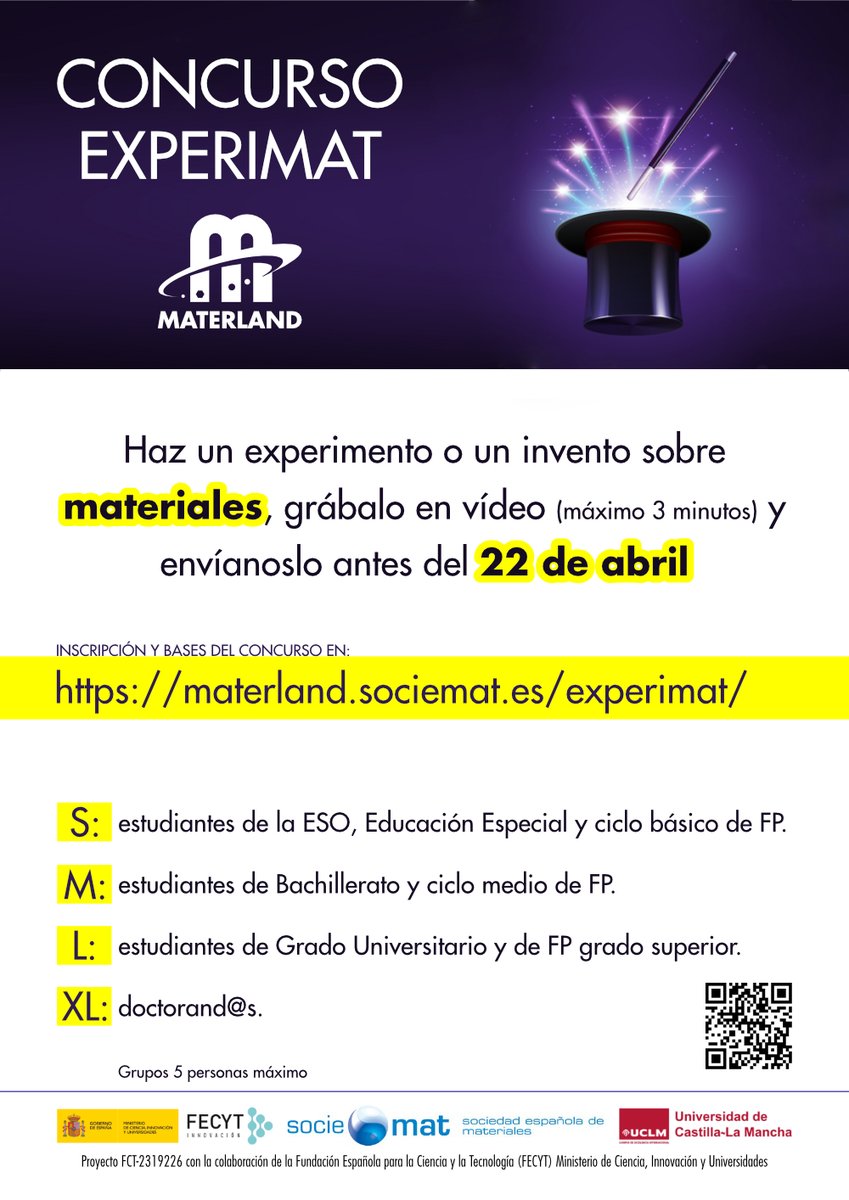 materlandfct's tweet photo. Date prisa 🏃‍♀️🏃‍♀️22 último día ⏱️para participar en el #concurso #experimentos con #materiales #EXPERIMAT

▶️https://t.co/Mw3ecJoV9V 

#eso #bachillerato #universitarios #doctorandos

@SOCIEMAT @UCLMdivulga @icmm_csic @ImdeaMaterials @CSICdivulga @MaterialsUB @CSICCENIM @icvcsic https://t.co/2JOA6B6T0o