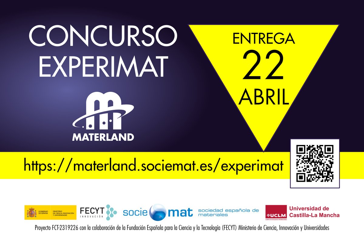 materlandfct's tweet photo. Date prisa 🏃‍♀️🏃‍♀️22 último día ⏱️para participar en el #concurso #experimentos con #materiales #EXPERIMAT

▶️https://t.co/Mw3ecJoV9V 

#eso #bachillerato #universitarios #doctorandos

@SOCIEMAT @UCLMdivulga @icmm_csic @ImdeaMaterials @CSICdivulga @MaterialsUB @CSICCENIM @icvcsic https://t.co/2JOA6B6T0o