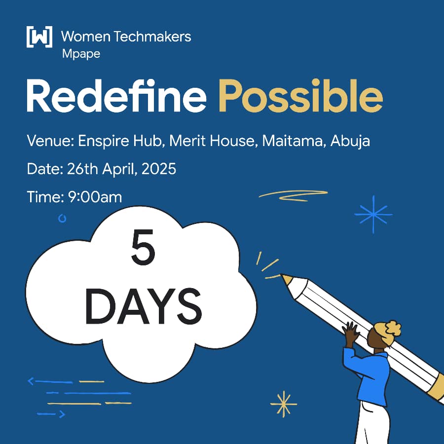 COUNTDOWN⏰️⏰️⏰️⏰️

It's 5 days to go 💃💃💃

Date: 26th April 2025
Time: 9:00 am
Venue: Enspire Hub, Merit House Maitama, Abuja

Register here: tinyurl.com/IWDMpape25