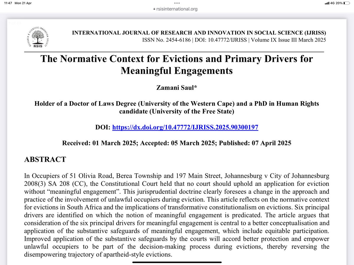 Journal article I authored on the normative context for evictions in South Africa and socio-economic rights. This could be of research interest to post-graduate law students specialising in human rights.
rsisinternational.org/journals/ijris…