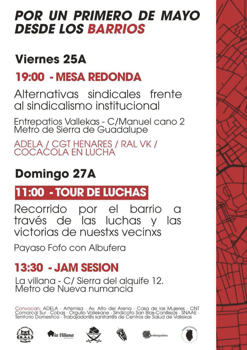 Este fin de semana os esperamos en las jornadas hacia un Primero de Mayo desde los barrios junto a las compas de <a href="/RAL_Vallekas/">RedApoyoLaboralVallekas</a> <a href="/armatevallekana/">Á[R]MATE VALLEKANA</a> <a href="/lavillanavk/">La Villana / PAH Vallekas</a>.
 Acércate a conocer el trabajo de los currantes organizados del barrio 🧨🧨