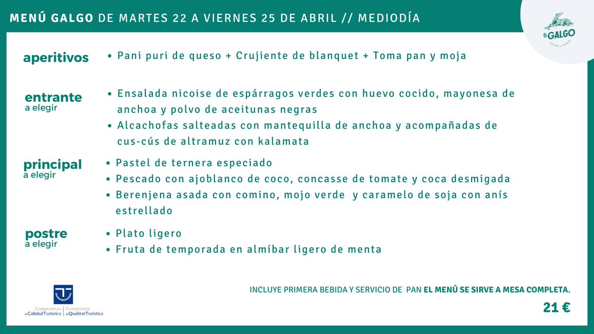 elgalgoelche's tweet photo. [Menú semanal] Esta es nuestra propuesta para los mediodías de martes 22 a viernes 25 de abril. Os esperamos.

📖 Reservas
💻 >> https://t.co/dvg277BRi5
📱>> Whatsapp en el 691 84 67 23 https://t.co/0HXKsJRibR
