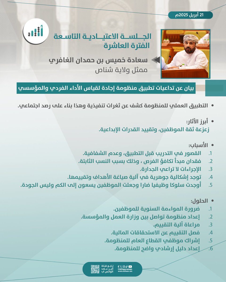 #أثير| منظومة "إجادة" يُلقى عنها بيانٌ في الشورى
التفاصيل: 
ath.re/3YDKLAQ
<a href="/khamisghafri/">خميس بن حمدان الغافري</a>