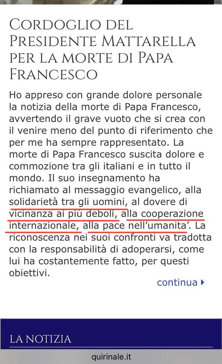 Sempre puntuale #Mattarella nei suoi messaggi, anche in quello di cordoglio per #PapaFrancesco, quando ha richiamato il suo insegnamento improntato alla solidarietà tra gli uomini, alla vicinanza ai più deboli, alla pace nell’umanità e alla cooperazione internazionale!
👏