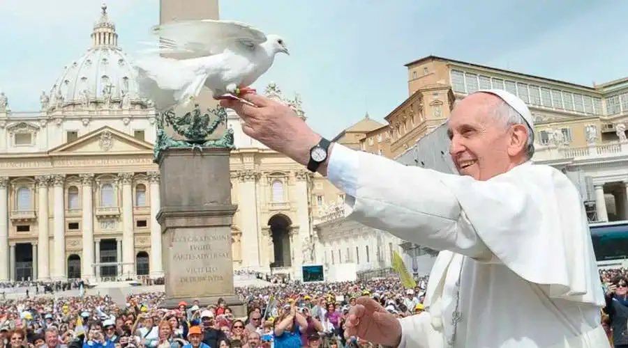 diagonalesweb's tweet photo. El papa Francisco liberó dos palomas que le habían regalado los fieles. Para el asombro de todos, una de ellas se resistió a dejarlo durante varios segundos. https://t.co/QtrqIRTdeq