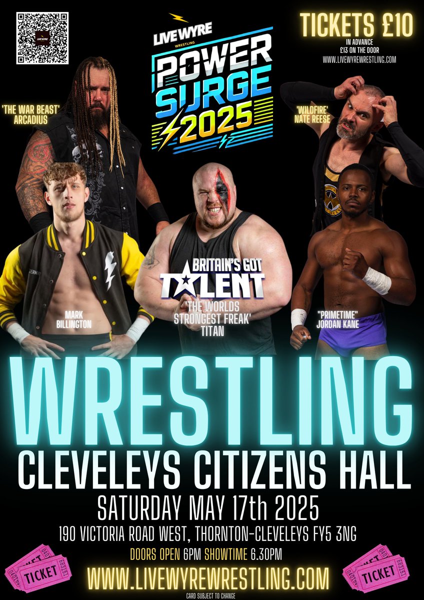 LIVE WYRE WRESTLING  Returns to Thornton-Cleveleys Saturday May 17th @ Cleveleys Citizens Hall Doors Open 6pm

Tickets £10 from
livewyrewrestling.com

#wrestling #WWERaw #britainsgottalent #titan #WWE2K25 #livewyrewrestling #thorntoncleveleys