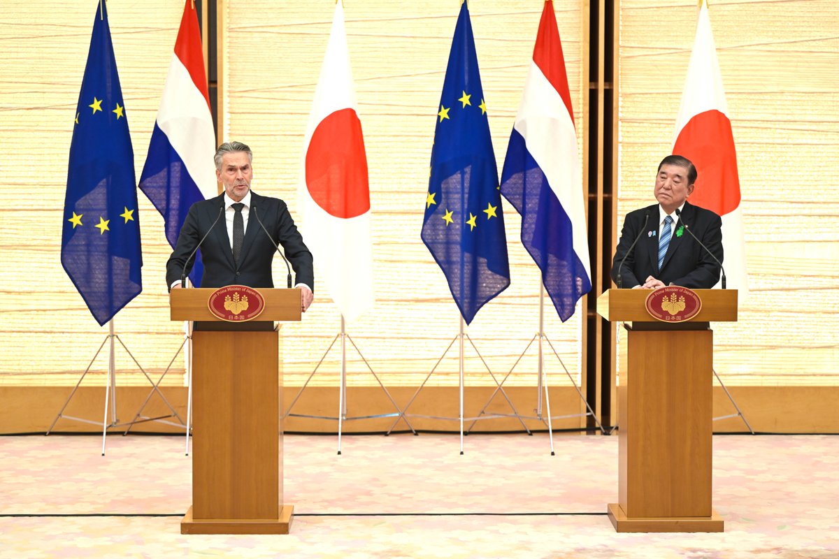 NLinJapan's tweet image. To reaffirm the partnership and cooperation between our two countries, Dutch Prime Minister Dick Schoof and Prime Minister of Japan, Mr. ISHIBA Shigeru, agreed to set their priorities for the following years in a shared Action Plan: government.nl/latest/news/20…