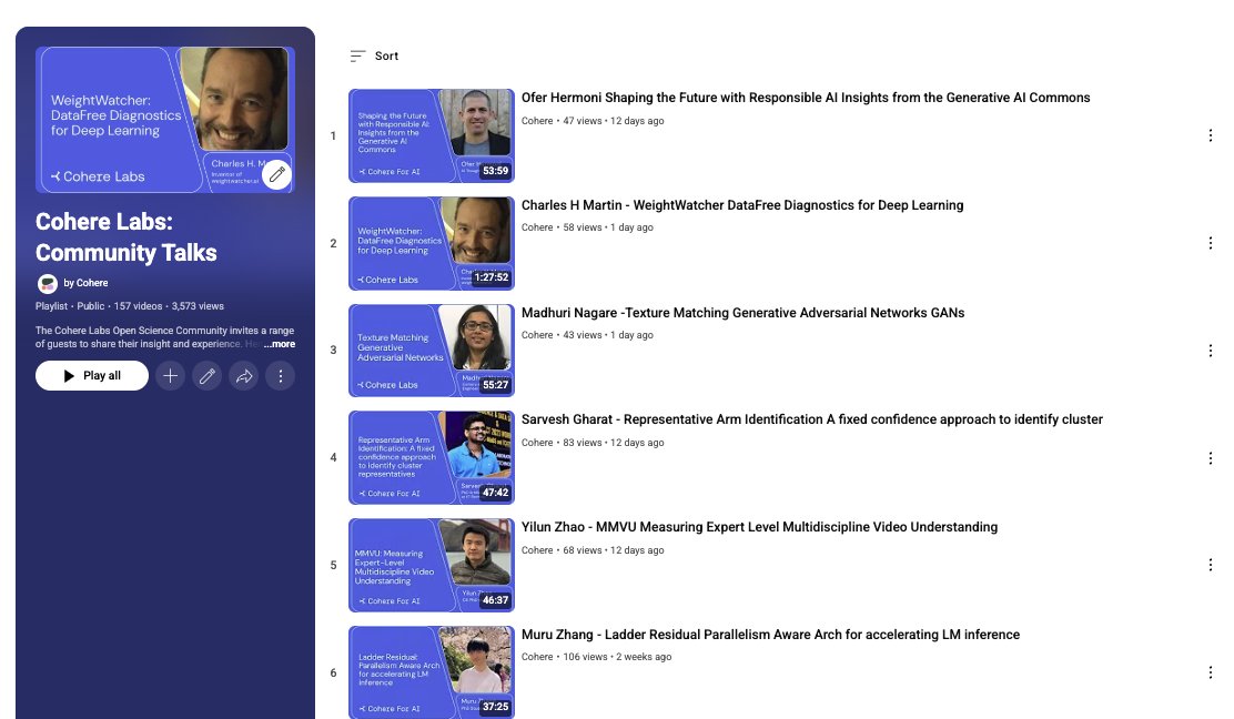 Have you checked out our Community Talks Youtube Playlist? 📹

We have over 100 guest speaker sessions on a variety of topics including LLMs, Computer Vision, Reinforcement Learning, NLP and more!
