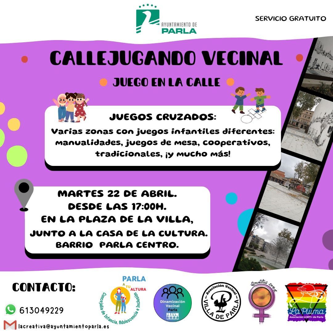 Vecin@s 📢
¡Por fin os traemos de nuevo Callejugando vecinal!
¿Jugamos en la calle?
👧🏾🛝🧩
Mañana, martes 22 de abril a las 17:00 en la Plaza de la Villa!
¡Os esperamos!
<a href="/FRAVM/">Federación Vecinal de Madrid</a> <a href="/AytoParla/">Ayuntamiento de Parla</a>