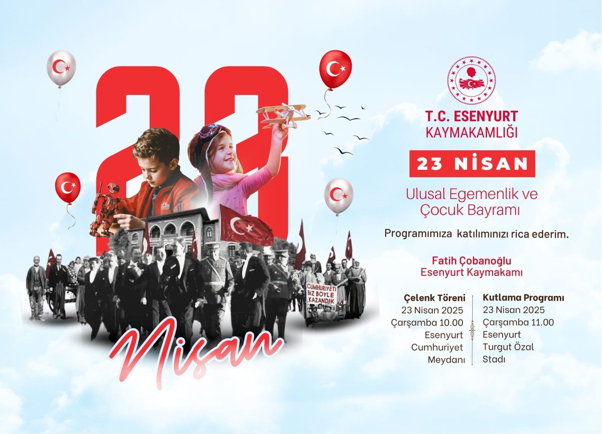 🇹🇷 23 Nisan Ulusal Egemenlik ve Çocuk Bayramı Etkinlikleri

Çelenk Sunma Töreni
🗓️ 23 Nisan 2025 Çarşamba 
🕙 10.00
📍 Esenyurt Cumhuriyet Meydanı

Kutlama Programı
🗓️ 23 Nisan 2025 Çarşamba
🕚 11.00
📍Esenyurt Turgut Özal Stadı

İlçemizdeki tüm okullarımızda kutlama programı
