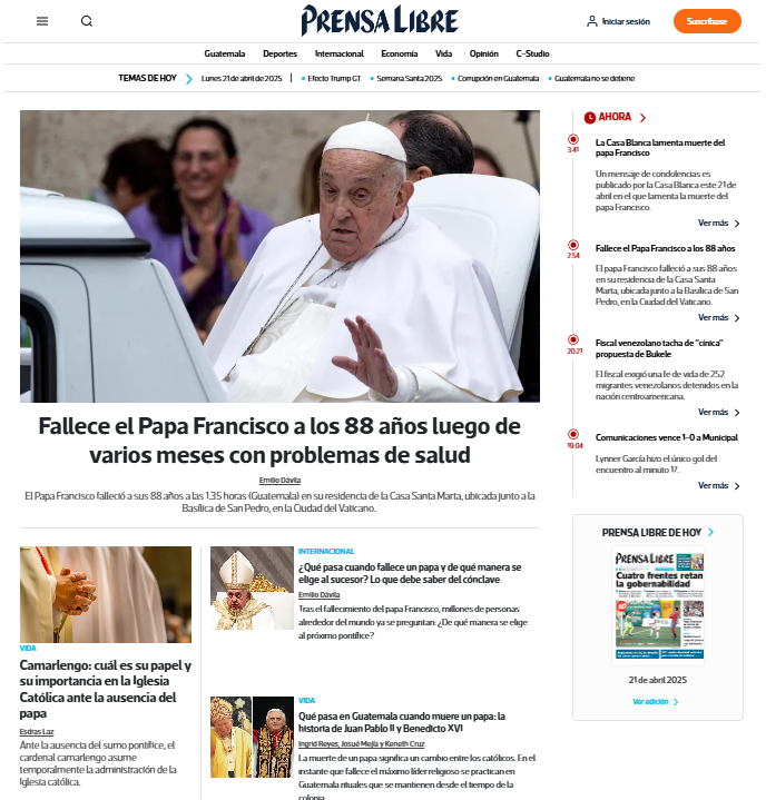 Siga la cobertura en vivo de <a href="/prensa_libre/">Prensa Libre</a>  sobre la muerte del papa Francisco: prensalibre.com