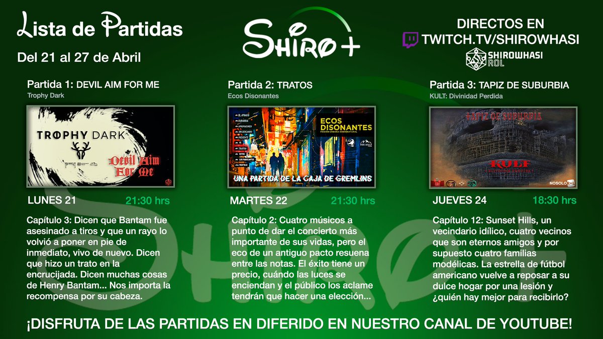 ¡MUCHACHADA ROLERA! 👀

Hacía tiempo que no había programación semanal de #ShiroFLIX, echadle un 👀:

Lunes de #TrophyDark ➡️ DJ <a href="/VOADxROL/">VOAD x ROL 🎲</a>. Martes de #EcosDisonantes ➡️ DJ <a href="/Altagor_/">altagor</a>. Jueves #KULT ➡️ DJ <a href="/Biggy_ThugLife/">Biggy</a>.

Tras la Semana Santa vuelven las SEMANAS del ROL. 🔥