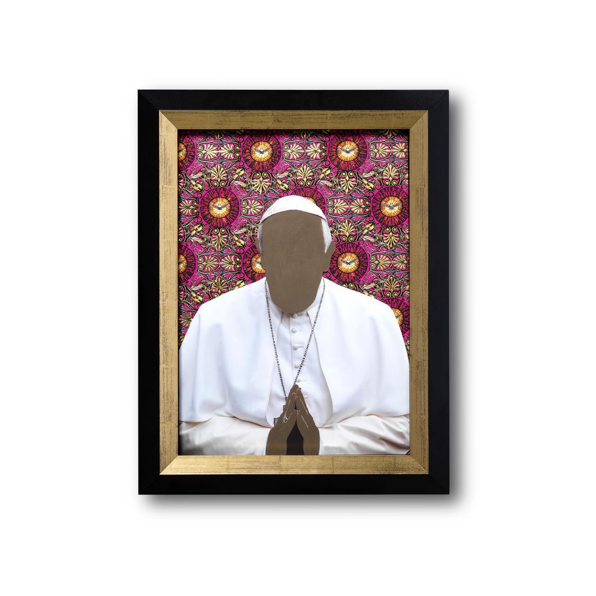 Encounter, Bianco 2018
Portrait of #PapaFrancesco 
Painting on giclée, with hand applied 24k gold and silver leaf, on 308gsm Hahnemuhle H52 x W40 cm
nicolagreen.com/encounters