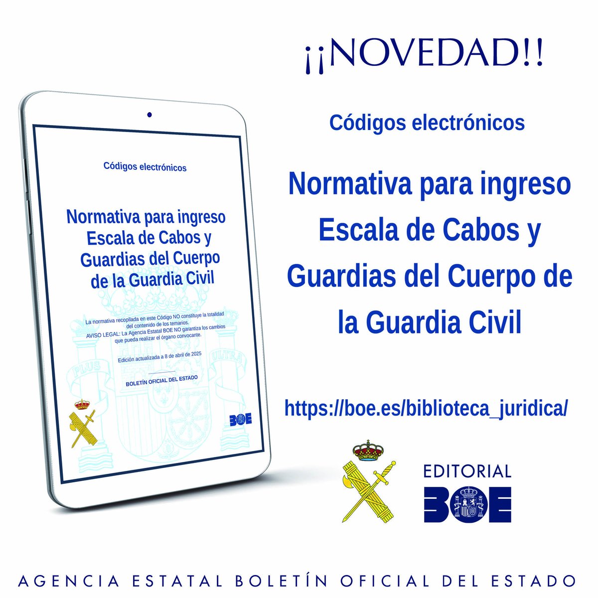 Nuevo #CodigosBOE Normativa para ingreso Escala de Cabos y Guardias del Cuerpo de la Guardia Civil . 49 disposiciones en permanente actualización. Gratis en PDF y EPUB. Disponible en la Biblioteca Jurídica Digital de la sede del BOE #Oposiciones