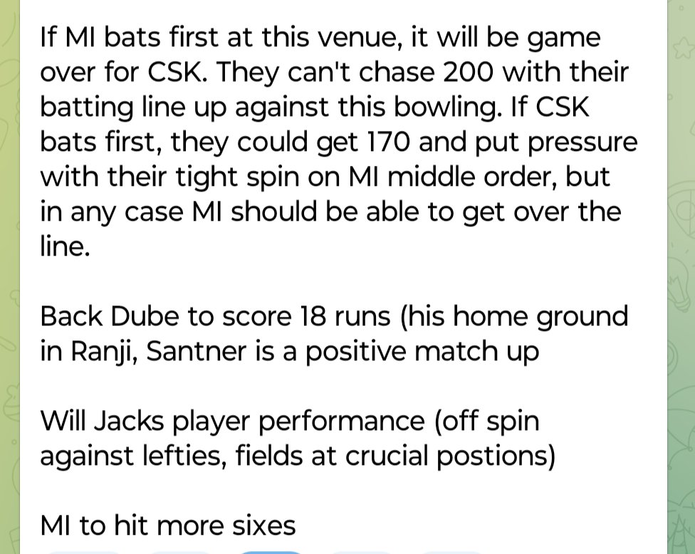 mindful_punter's tweet photo. Snippets of yesterday's previews for both games. 

Rightly called both games. MI vs CSK turned exactly like sending lamb to the slaughter. 

Unfortunately can't post previews on X due the length of it. 

Feel free to join https://t.co/PWzn3xV8w2 https://t.co/NxFhXV4411