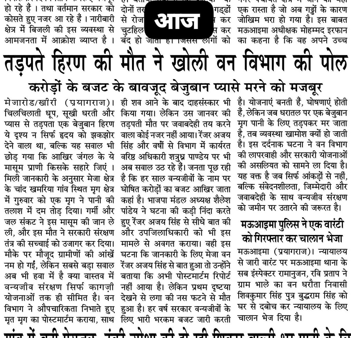 <a href="/CMOfficeUP/">CM Office, GoUP</a> <a href="/ChiefSecyUP/">S.P. Goyal, Chief Secretary, GoUP</a> <a href="/UPGovt/">Government of UP</a> <a href="/rameshpandeyifs/">Ramesh Pandey</a> 
<a href="/UpforestUp/">Environment, Forest and Climate Change Department</a> <a href="/homeupgov/">Home Department, UP</a> <a href="/DM_PRAYAGRAJ/">DM Prayagraj</a>
#Prayagraj #UPForest
मेजा , प्रयागराज : तड़पड़े हिरण की मौत ने खोली वन विभाग की पोल, करोड़ो के बजट के बावजूद बेजुबान प्यासे मरने को मजबूर.

 रिपोर्ट - आशीष शुक्ला (मेजा)
