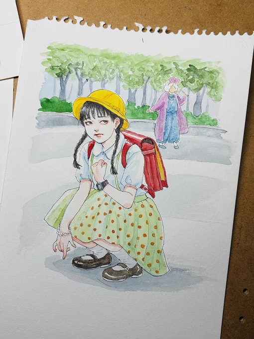  #本家キチレコ#リベストギャラリー創年代に、高校生になったら竹の子族になるつもりだったけど戸川純ちゃんを知って「自分はこっち側だ!」と思い、コスプレしてとりあえずホコ天に来た女の子の絵水彩の原画と偽インディーズレコードを販売します 